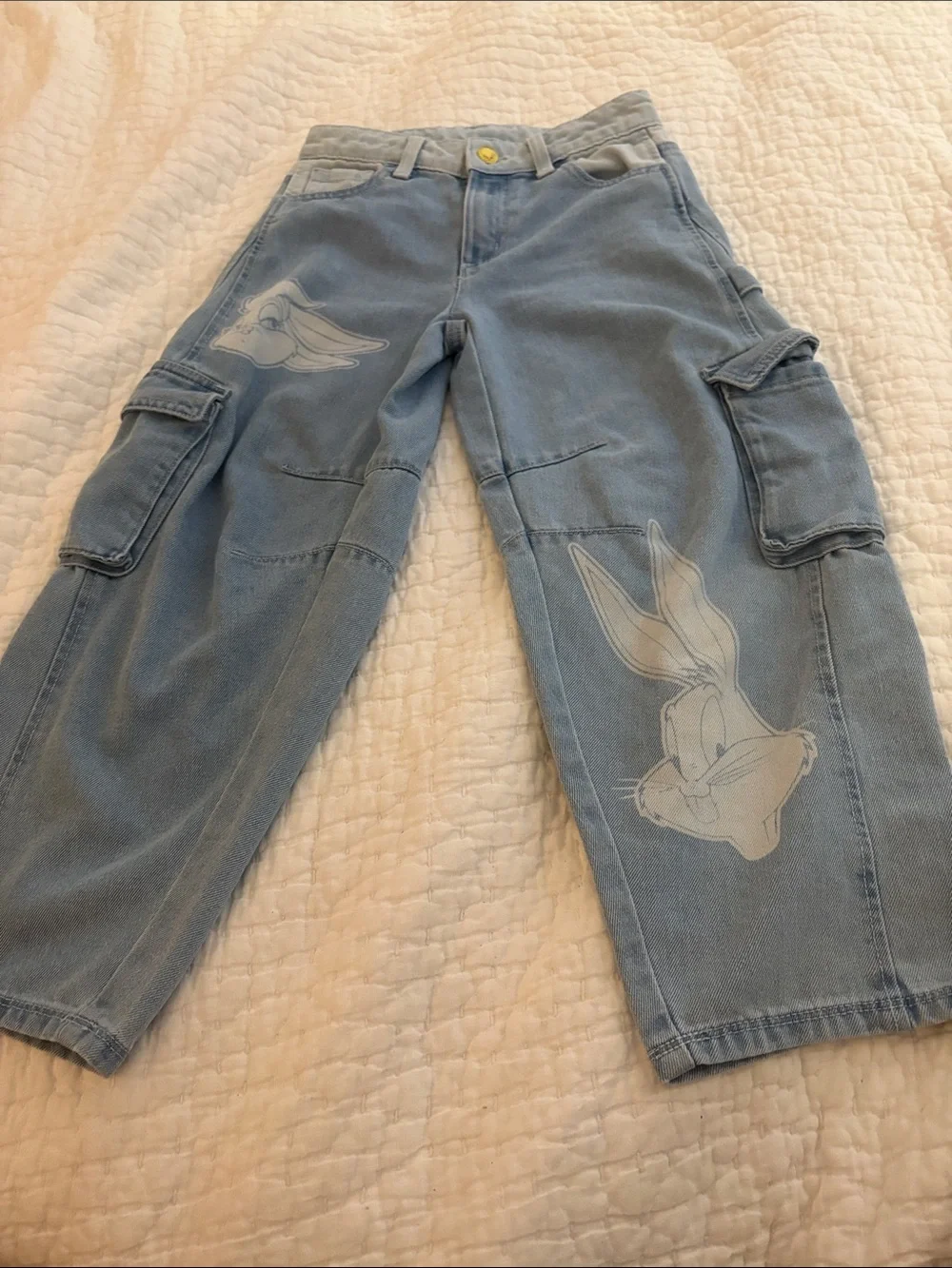 Justice Light Blue Relaxed Cargo Jeans with Bunny Graphics